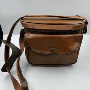 Vintage 1970's Camera Bag Faux Leather Tan Shoulder Strap Zippered Padded‎